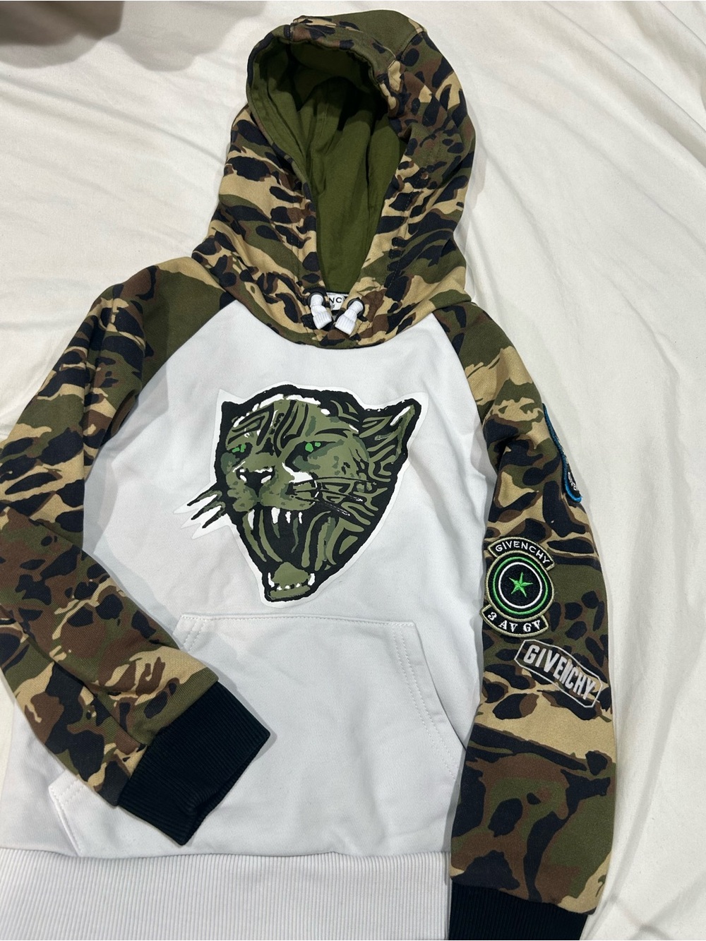 Givenchy White Hoodie with Green Camo Sleeves & Panther Patch